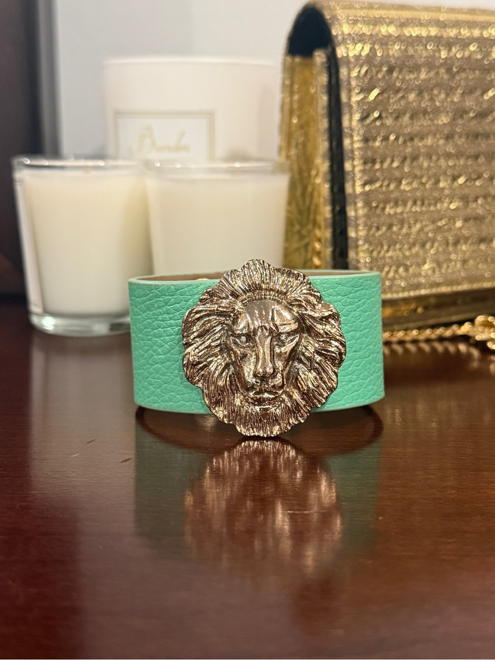 Mint Leather Cuff Bracelet with Gold Lion Head